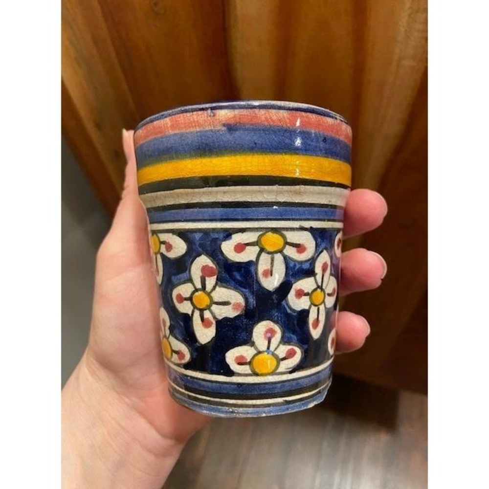 Safi Moroccan Pottery Planter Hand Painted Floral Vintage Blue Yellow